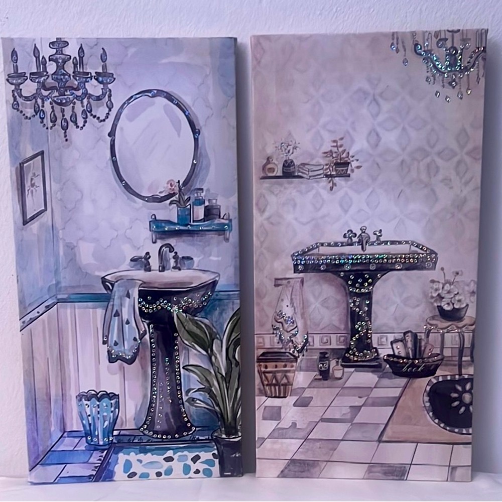 French Vintage Bathroom Wall Art Set | 2 Canvas (7.87” x 15.75”)